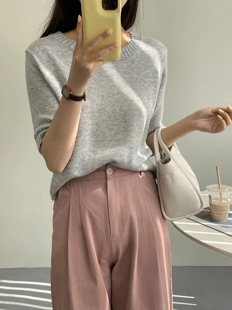 [Korean Style] 10 Color Half Sleeve Round Neck Knit Top