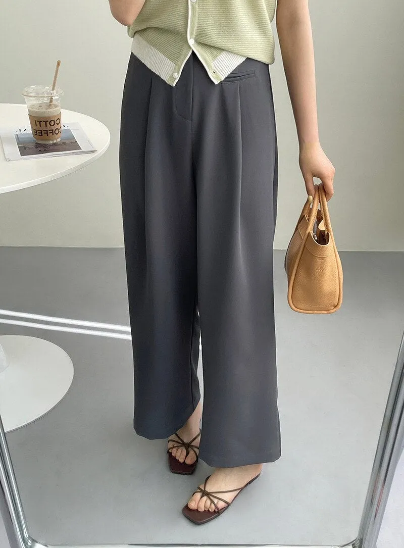 [Korean Style] 2 Color High Waist Wide Leg Pleated Trousers