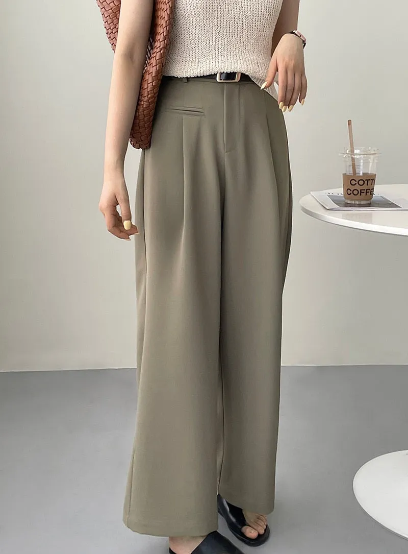 [Korean Style] 2 Color High Waist Wide Leg Pleated Trousers
