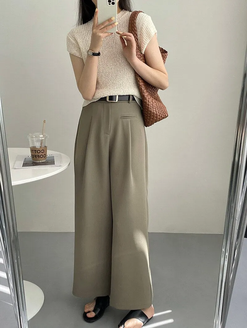 [Korean Style] 2 Color High Waist Wide Leg Pleated Trousers