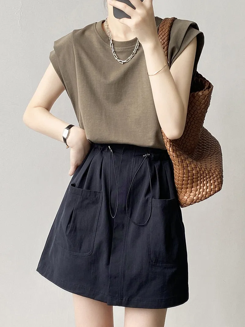 [Korean Style] 2 Colors Drawstring Cinched Waist Cargo Short Skirt