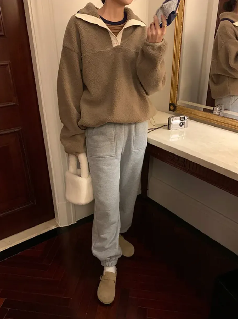 [Korean Style] 2 Colors Fleeced Lining Drawstring Pocket Sweat Pants