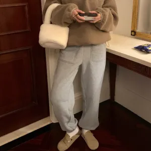 [Korean Style] 2 Colors Fleeced Lining Drawstring Pocket Sweat Pants