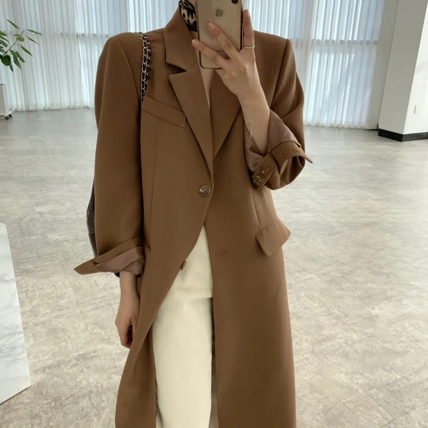 [Korean Style] 2 Colors Single Breasted Long Blazer w/ Pockets