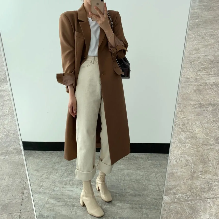 [Korean Style] 2 Colors Single Breasted Long Blazer w/ Pockets
