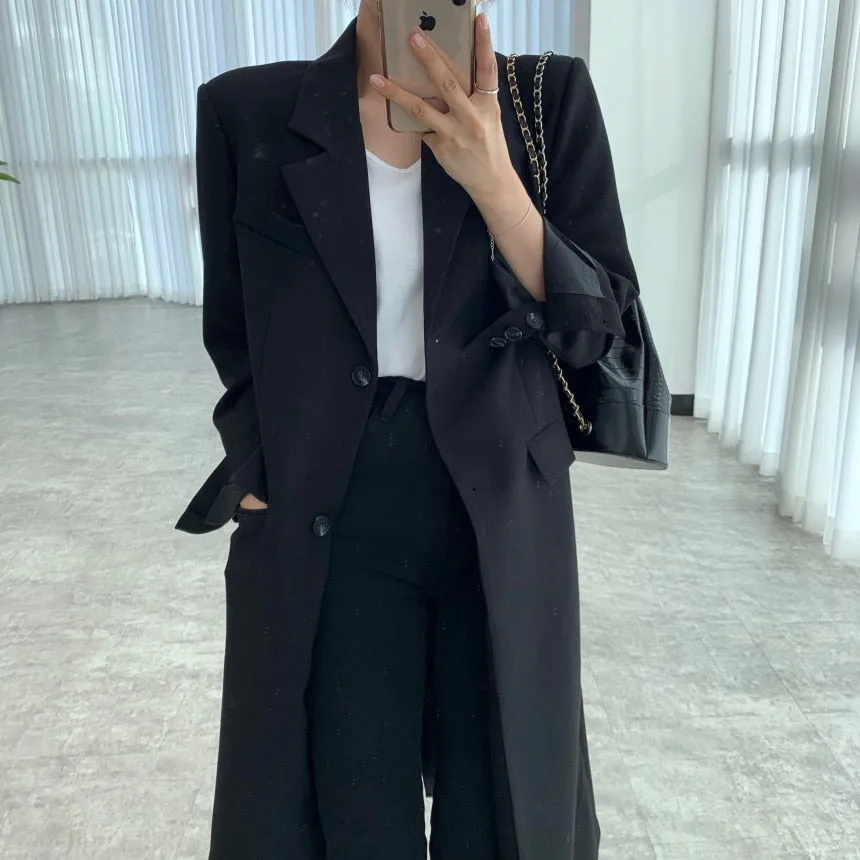 [Korean Style] 2 Colors Single Breasted Long Blazer w/ Pockets