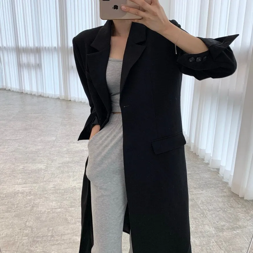[Korean Style] 2 Colors Single Breasted Long Blazer w/ Pockets