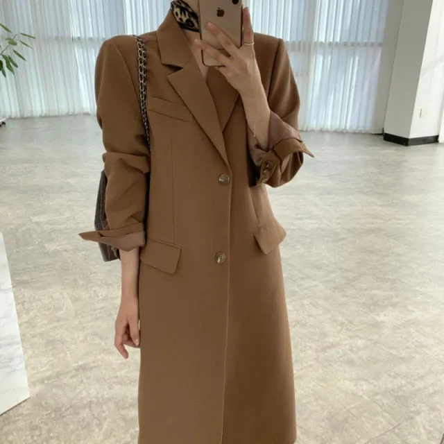 [Korean Style] 2 Colors Single Breasted Long Blazer w/ Pockets