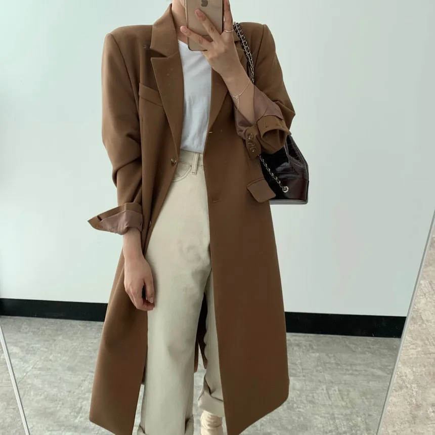 [Korean Style] 2 Colors Single Breasted Long Blazer w/ Pockets