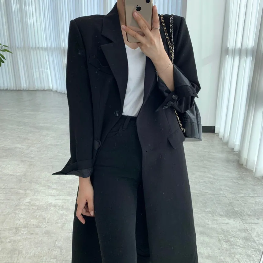 [Korean Style] 2 Colors Single Breasted Long Blazer w/ Pockets