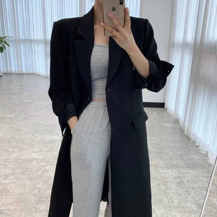 [Korean Style] 2 Colors Single Breasted Long Blazer w/ Pockets