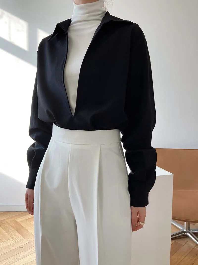 [Korean Style] 3 Color Deep Cut Collared Long Sleeve Shirts