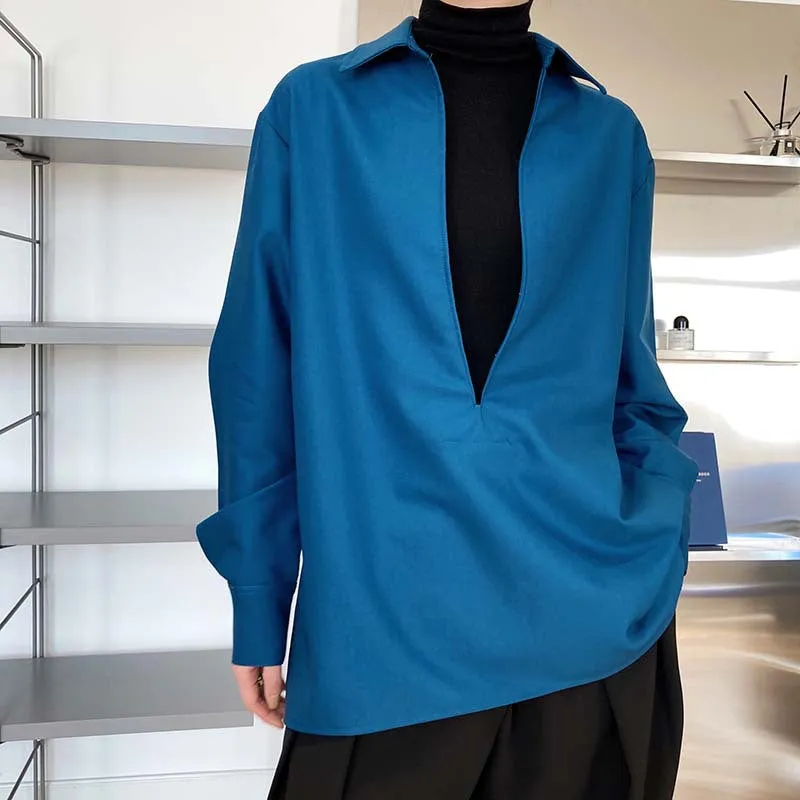 [Korean Style] 3 Color Deep Cut Collared Long Sleeve Shirts