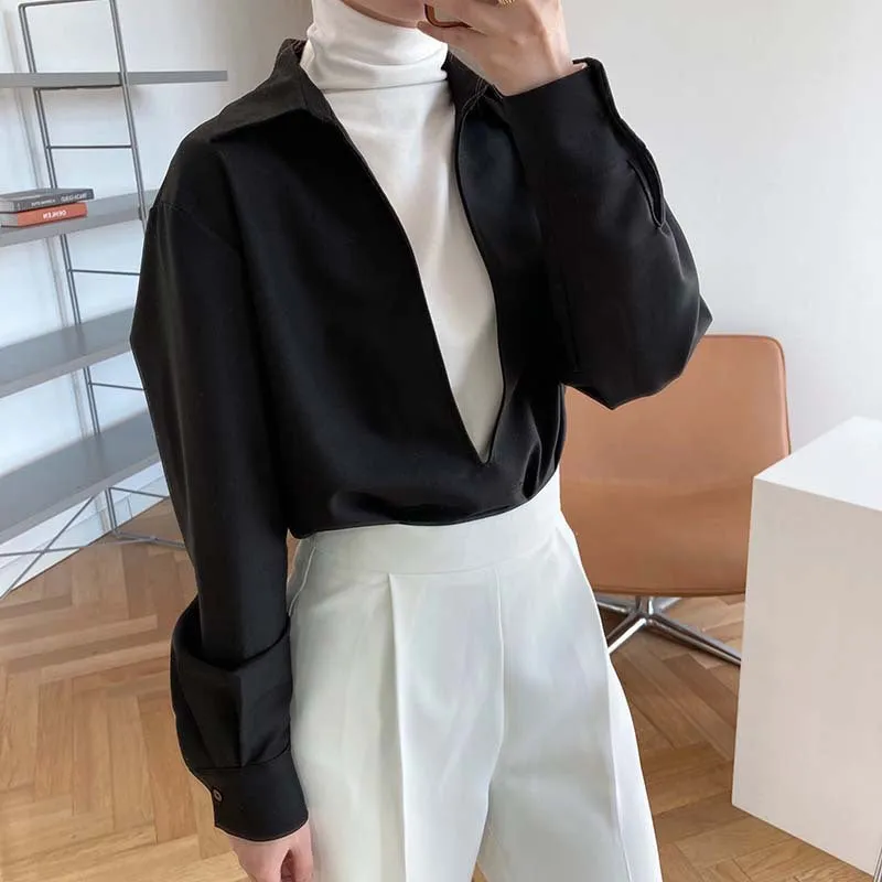 [Korean Style] 3 Color Deep Cut Collared Long Sleeve Shirts