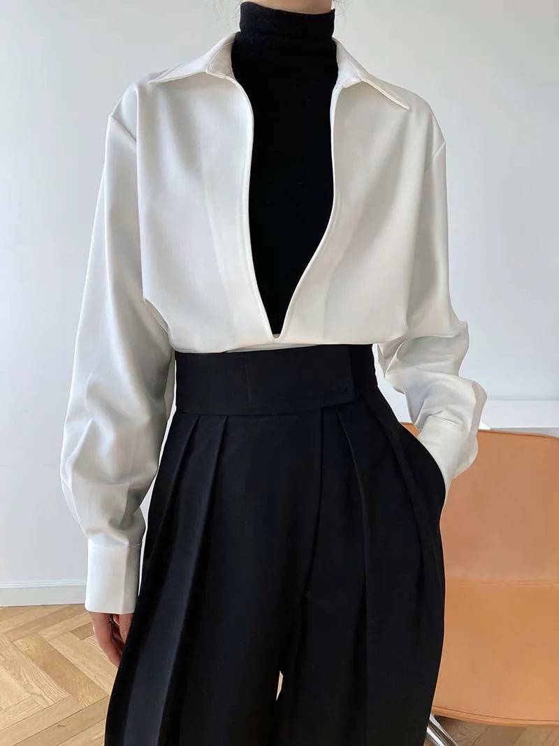 [Korean Style] 3 Color Deep Cut Collared Long Sleeve Shirts