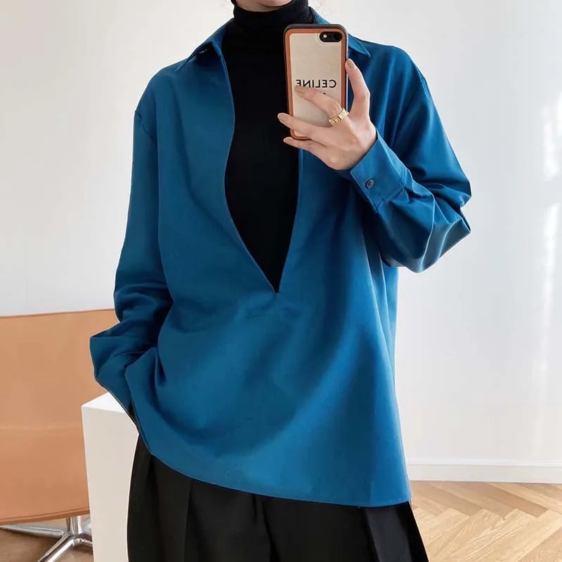 [Korean Style] 3 Color Deep Cut Collared Long Sleeve Shirts