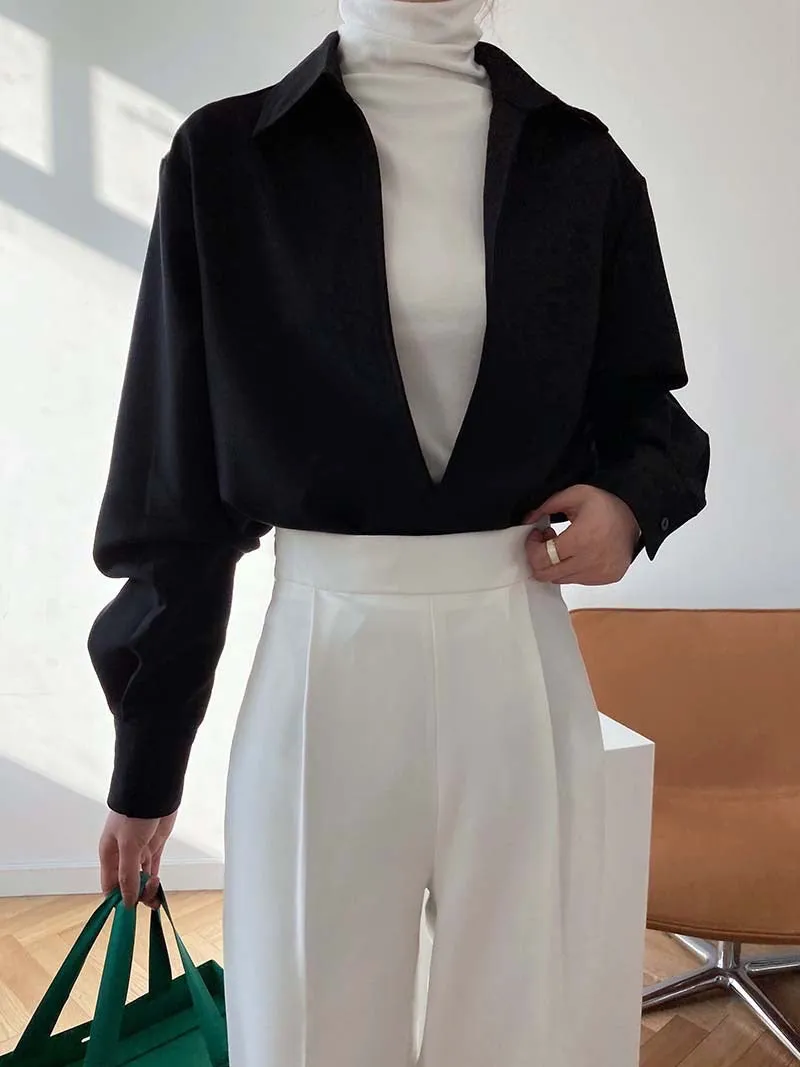 [Korean Style] 3 Color Deep Cut Collared Long Sleeve Shirts