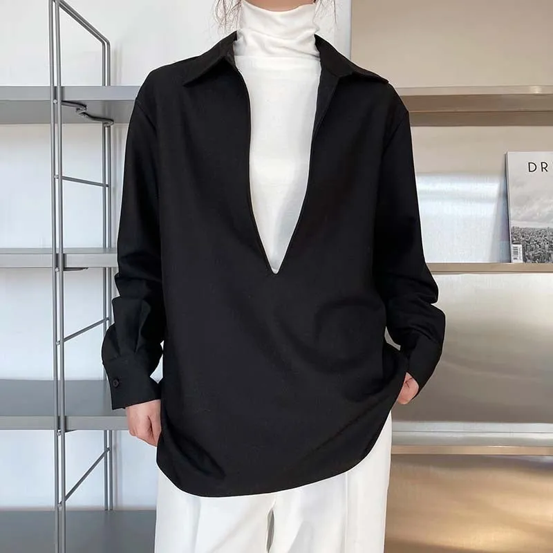 [Korean Style] 3 Color Deep Cut Collared Long Sleeve Shirts