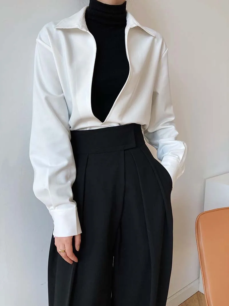 [Korean Style] 3 Color Deep Cut Collared Long Sleeve Shirts