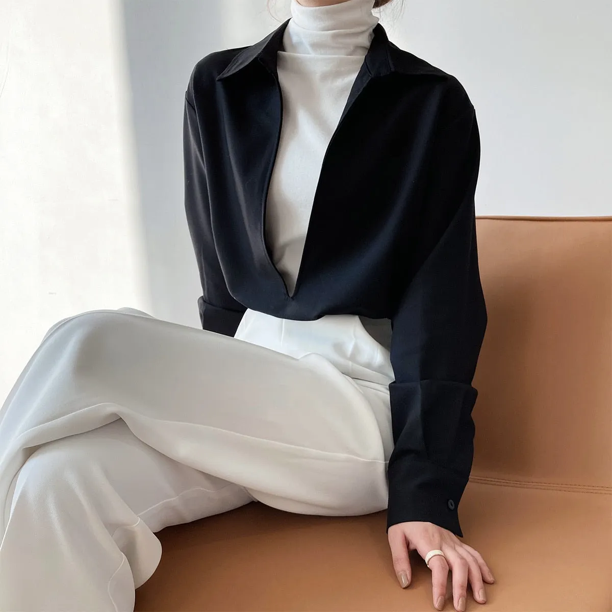 [Korean Style] 3 Color Deep Cut Collared Long Sleeve Shirts