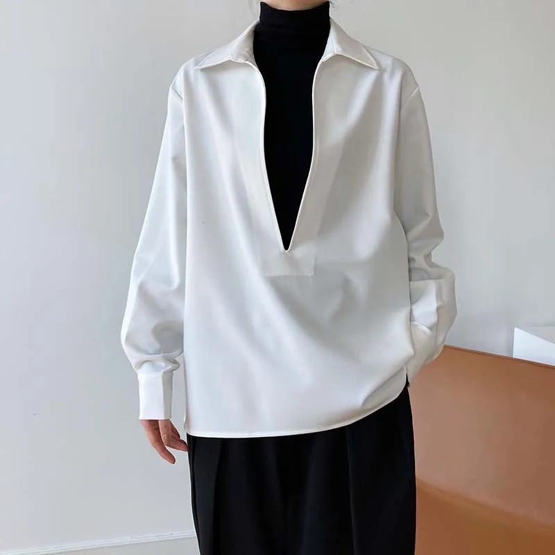 [Korean Style] 3 Color Deep Cut Collared Long Sleeve Shirts