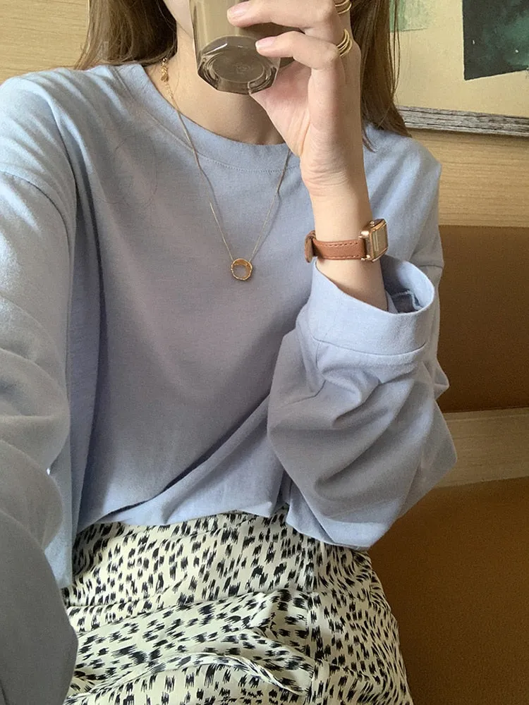 [Korean Style] 5 Colors Long Sleeve Basic Sweatshirt Tee w/ Dropped Shoulders