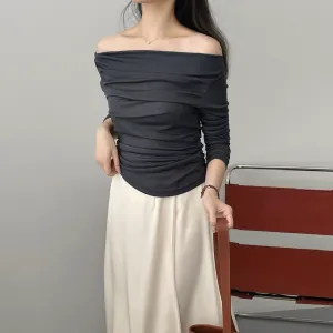 [Korean Style] Ballet Core Solid Color Slim Fit Off-the-shoulder Ruched Top
