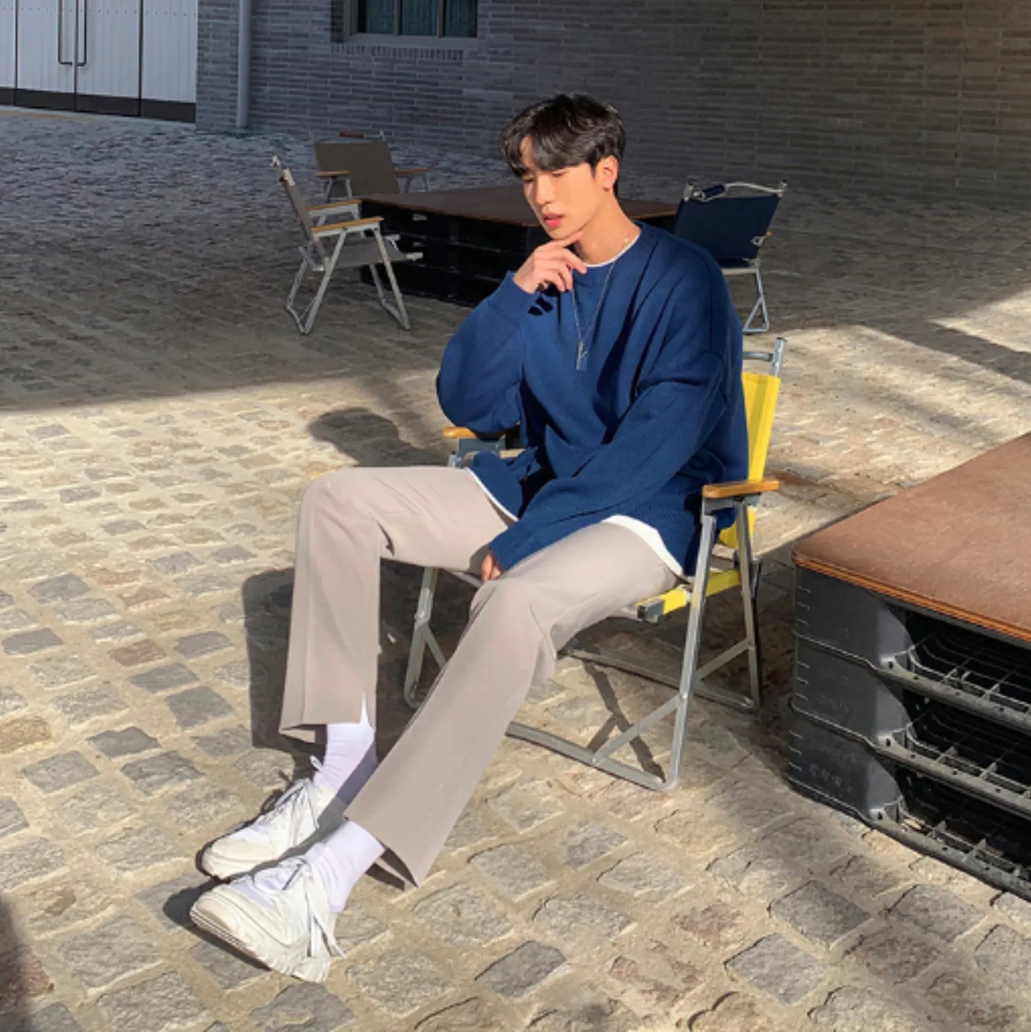 [Korean Style] Beige/Black Casual Straight Pants