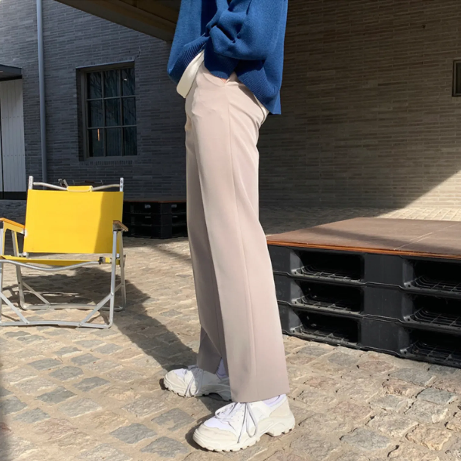 [Korean Style] Beige/Black Casual Straight Pants