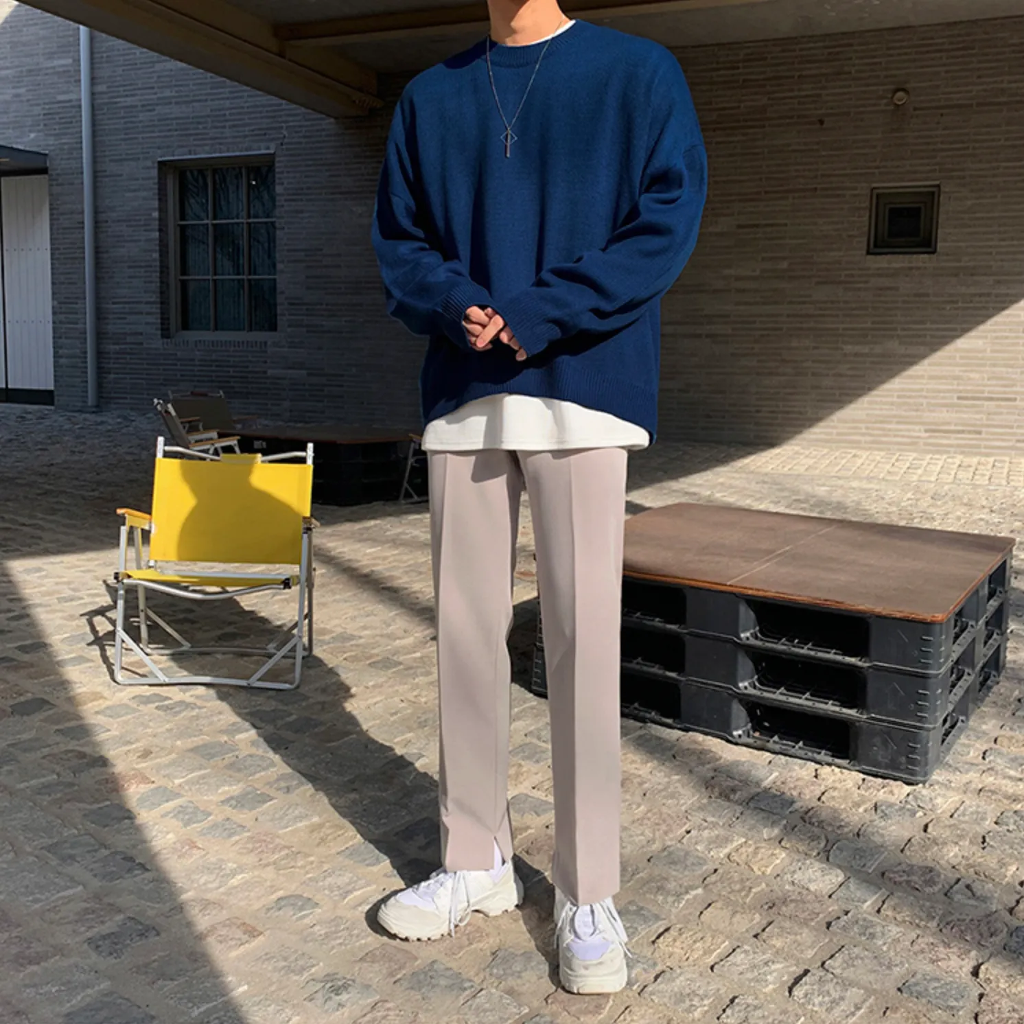 [Korean Style] Beige/Black Casual Straight Pants