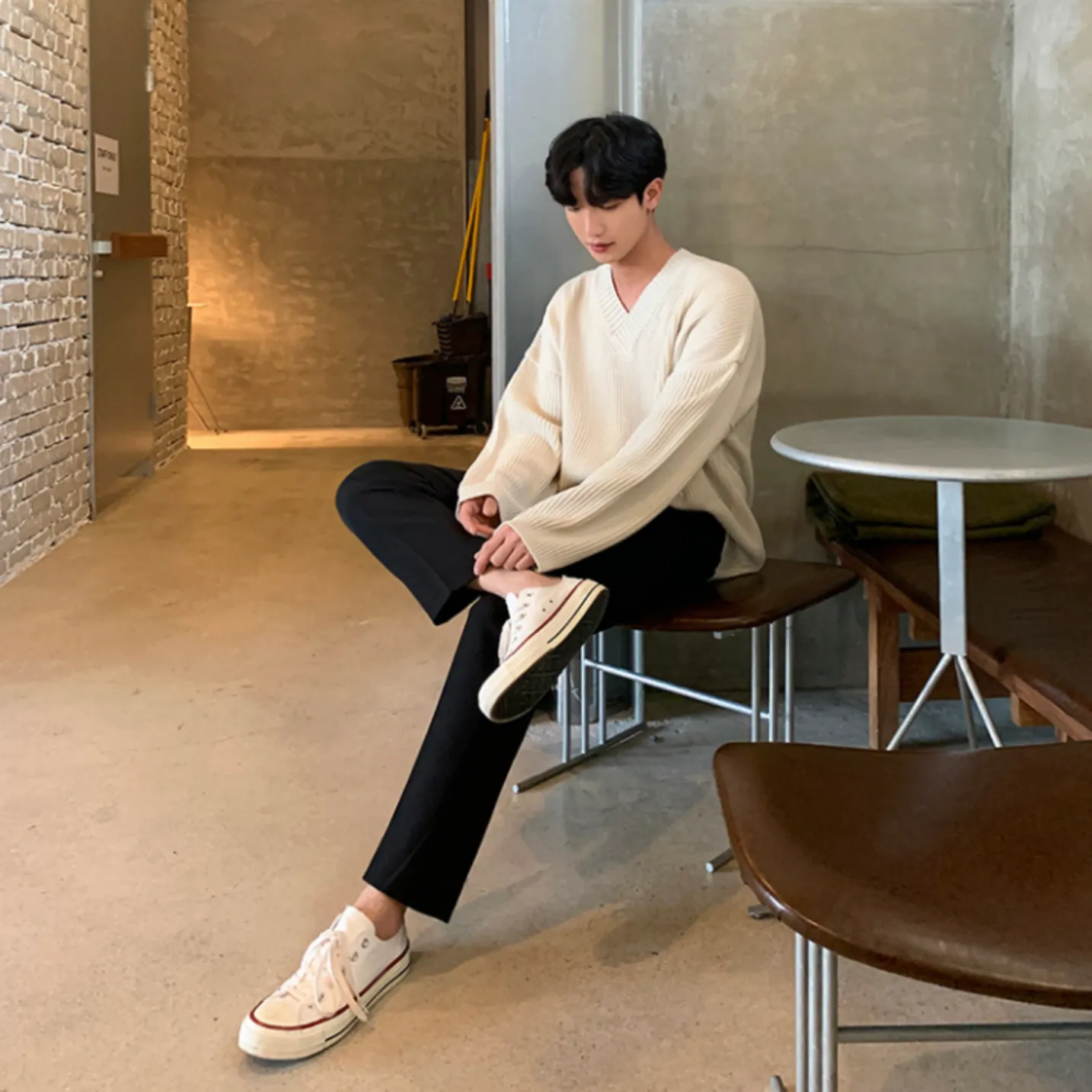 [Korean Style] Beige/Black Casual Straight Pants