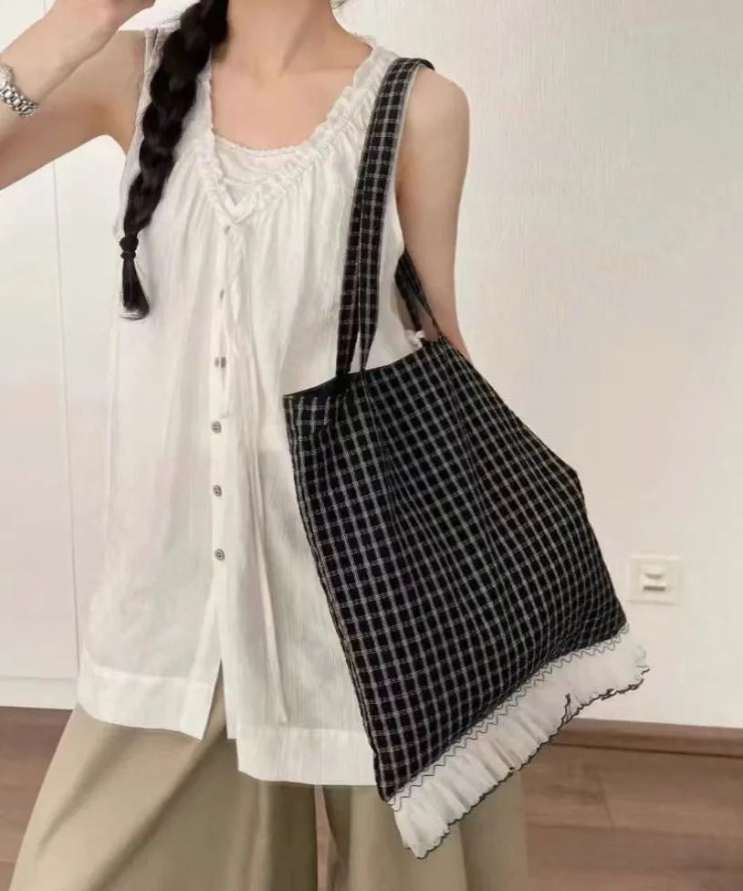 Korean Style Black Lace Patchwork Cotton Shoulder Bag QF012