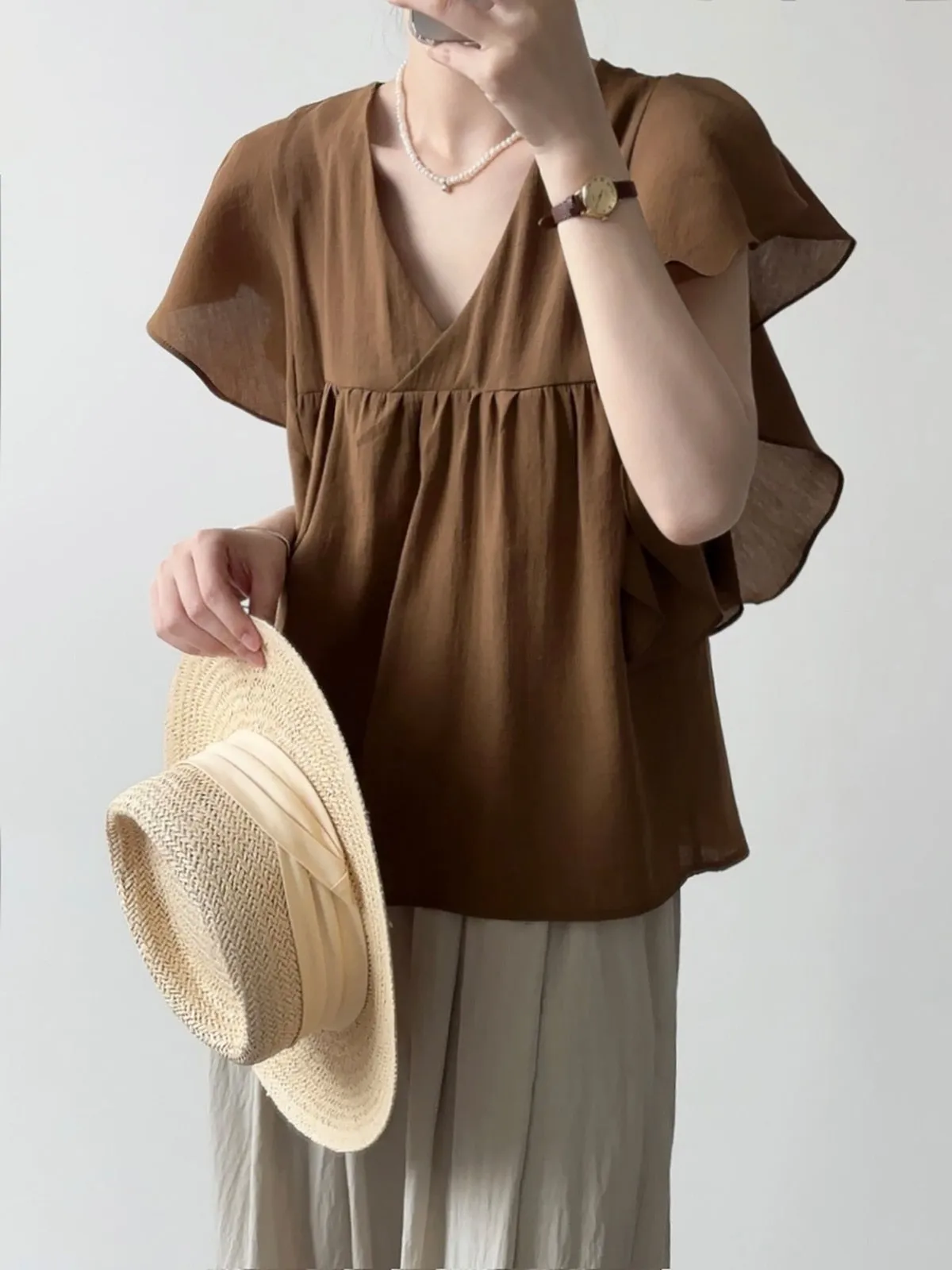 [Korean Style] Brown V-neck Ruffled Blouse