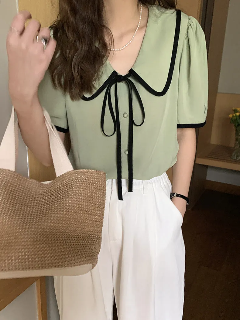 [Korean Style] Chelsea Collar Contrast Pipped Short Sleeve Blouse
