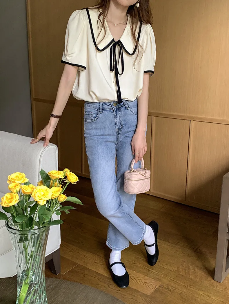 [Korean Style] Chelsea Collar Contrast Pipped Short Sleeve Blouse