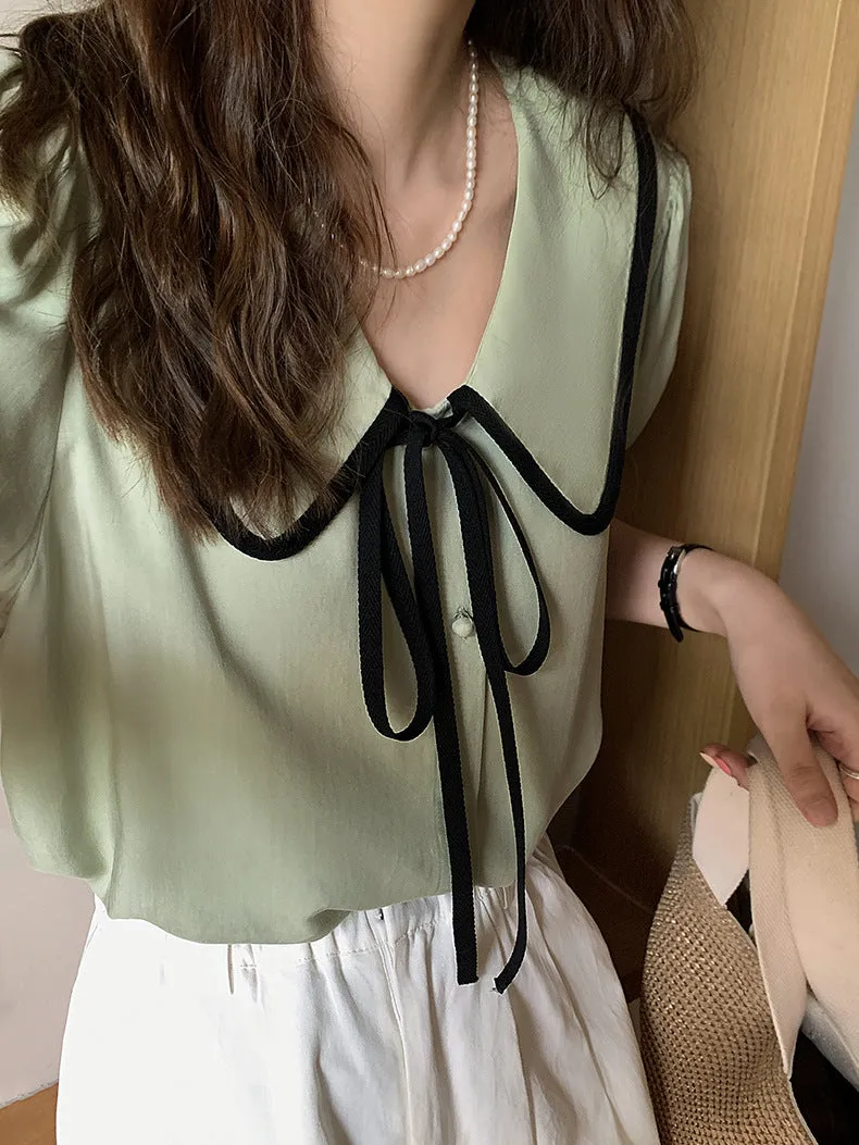 [Korean Style] Chelsea Collar Contrast Pipped Short Sleeve Blouse
