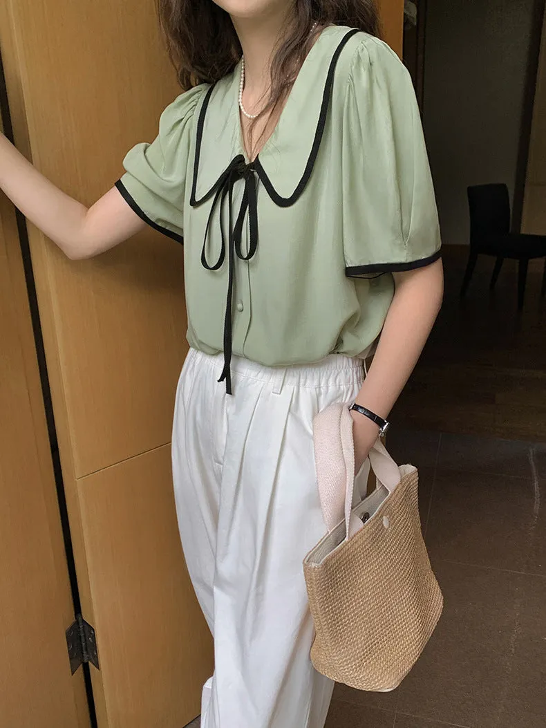 [Korean Style] Chelsea Collar Contrast Pipped Short Sleeve Blouse