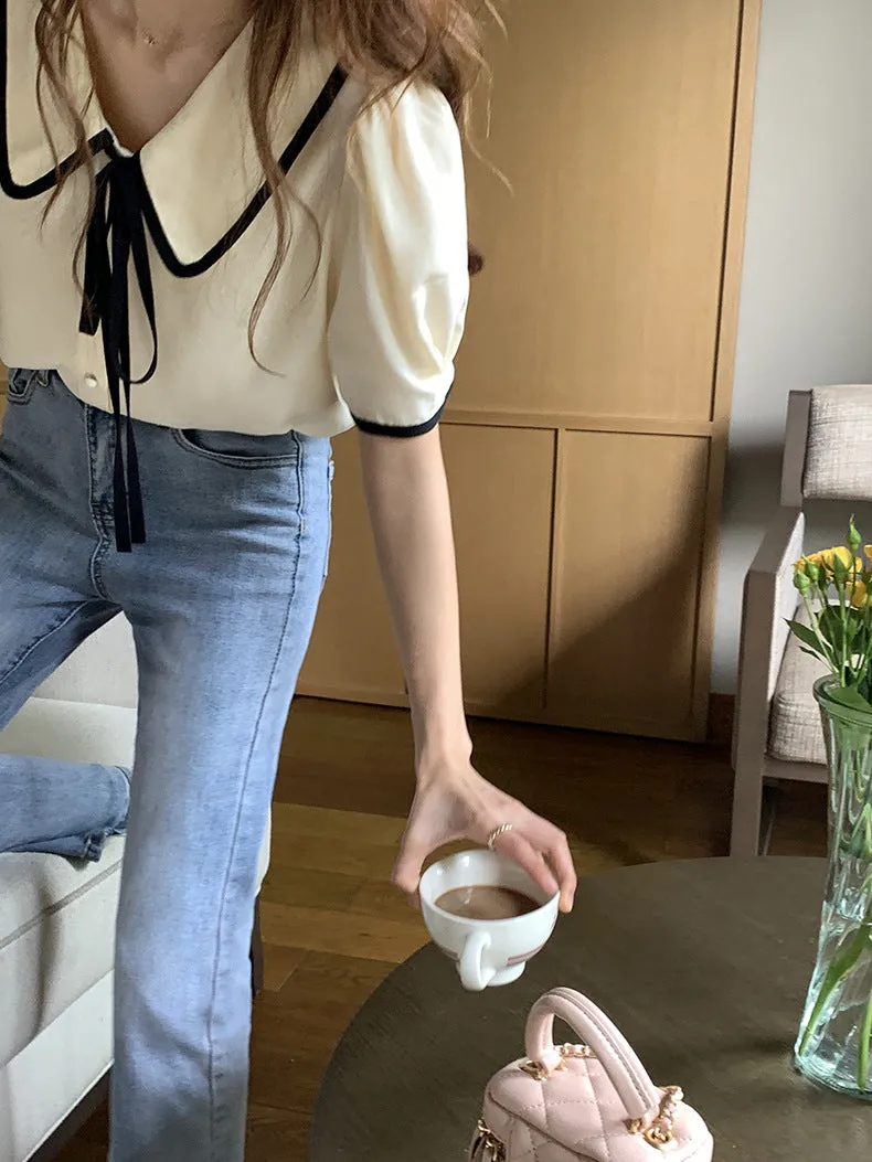 [Korean Style] Chelsea Collar Contrast Pipped Short Sleeve Blouse