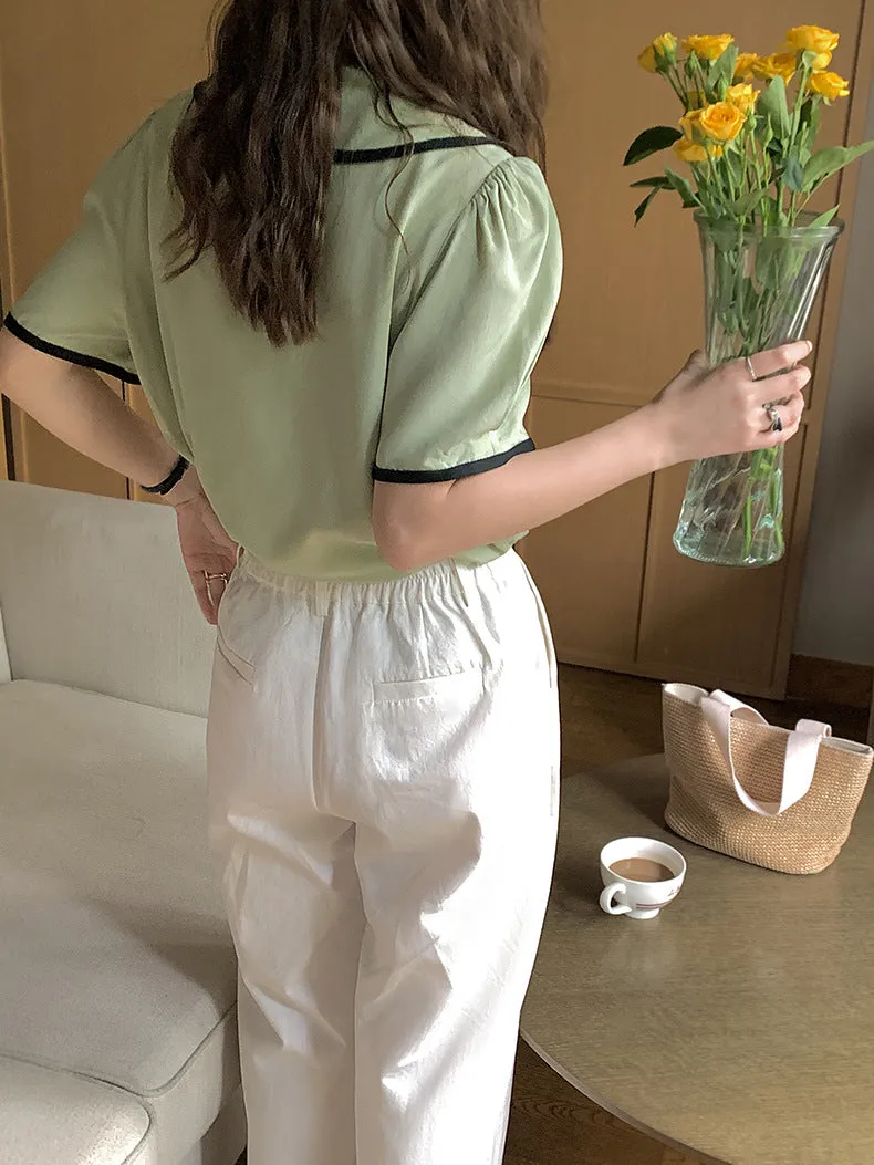 [Korean Style] Chelsea Collar Contrast Pipped Short Sleeve Blouse