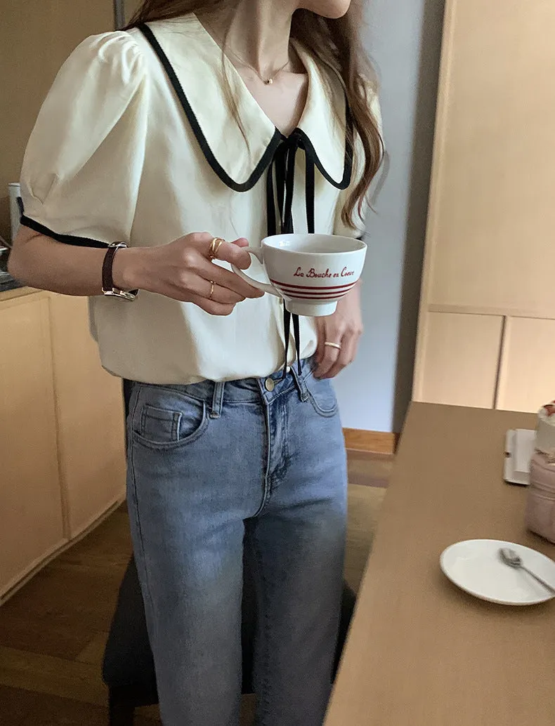 [Korean Style] Chelsea Collar Contrast Pipped Short Sleeve Blouse