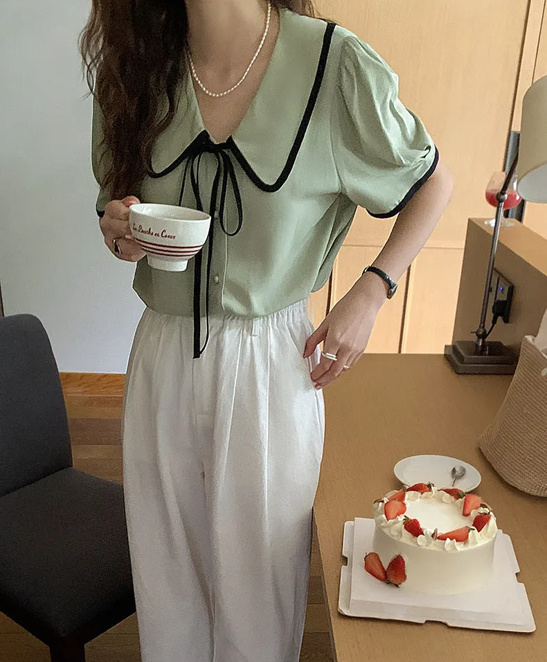 [Korean Style] Chelsea Collar Contrast Pipped Short Sleeve Blouse