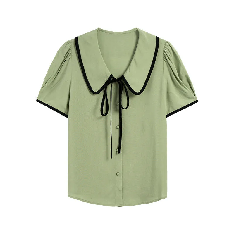 [Korean Style] Chelsea Collar Contrast Pipped Short Sleeve Blouse