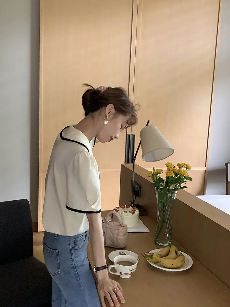[Korean Style] Chelsea Collar Contrast Pipped Short Sleeve Blouse