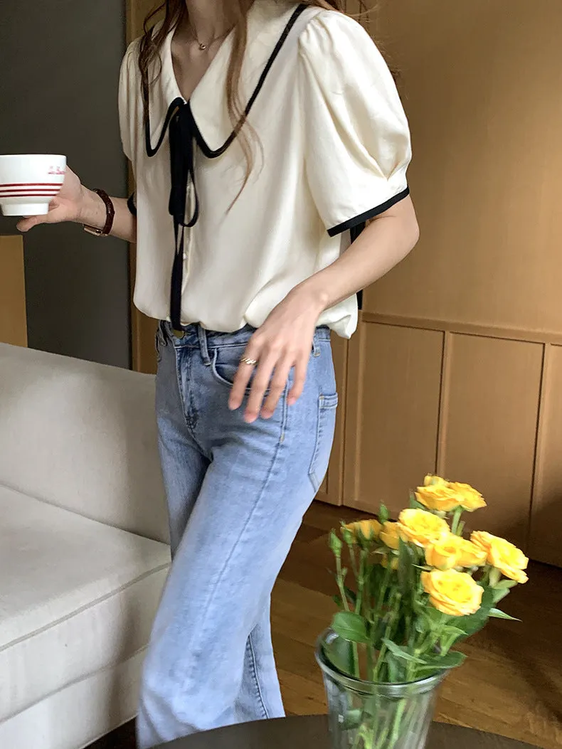 [Korean Style] Chelsea Collar Contrast Pipped Short Sleeve Blouse