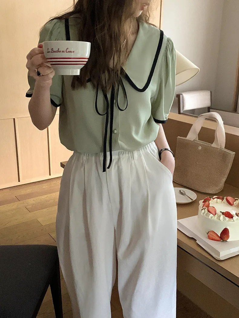 [Korean Style] Chelsea Collar Contrast Pipped Short Sleeve Blouse