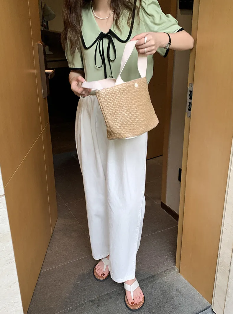 [Korean Style] Chelsea Collar Contrast Pipped Short Sleeve Blouse