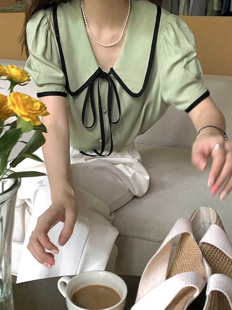 [Korean Style] Chelsea Collar Contrast Pipped Short Sleeve Blouse