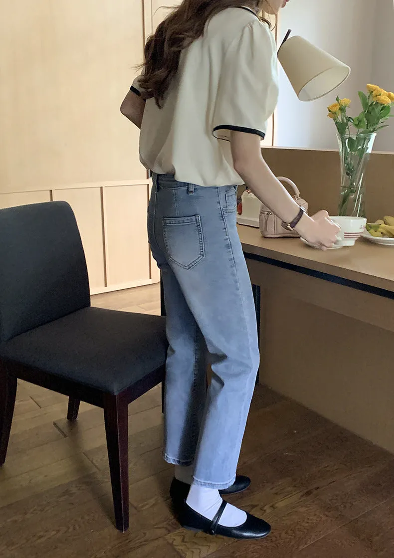 [Korean Style] Chelsea Collar Contrast Pipped Short Sleeve Blouse