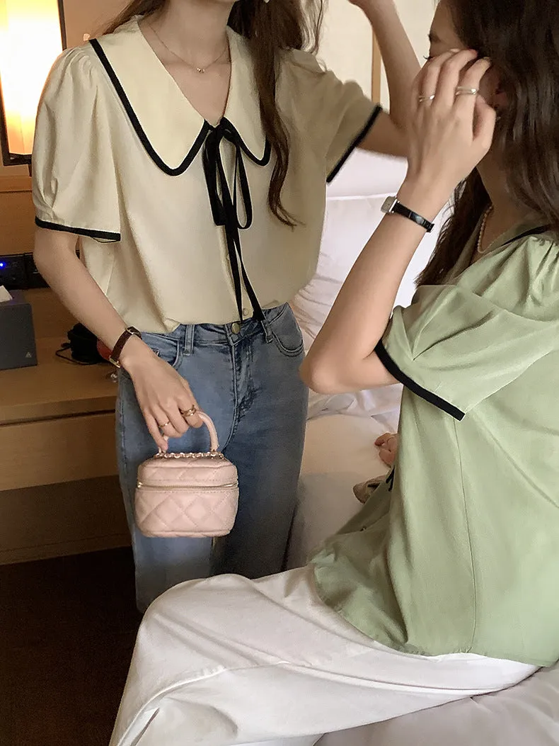 [Korean Style] Chelsea Collar Contrast Pipped Short Sleeve Blouse