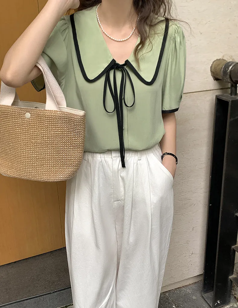 [Korean Style] Chelsea Collar Contrast Pipped Short Sleeve Blouse